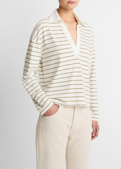 VINCE Women Striped Cotton Long-Sleeve Polo Shirt in Long Sleeve
