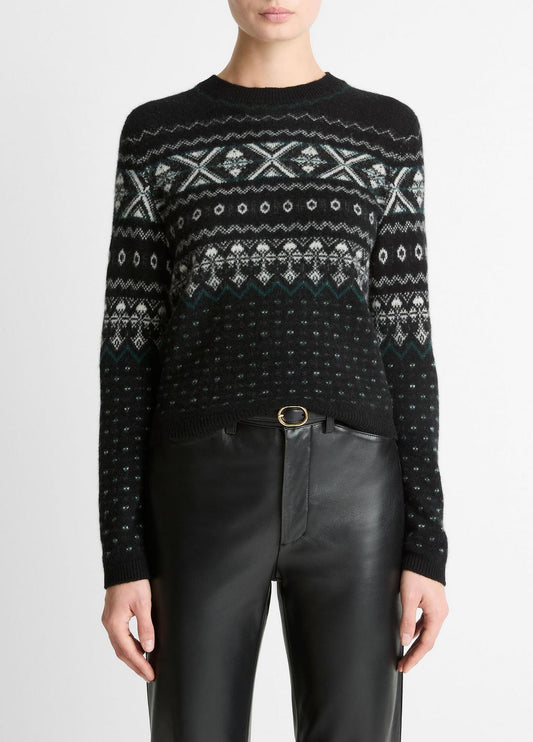 VINCE Women Fair Isle Plush Cashmere Sweater in Crew Neck