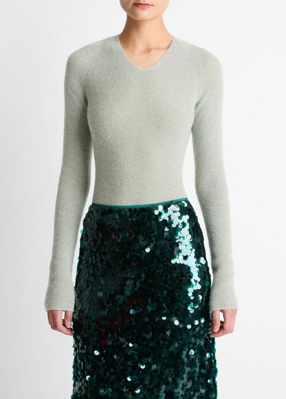VINCE Women Metallic Ribbed High V-Neck Sweater in V-Neck