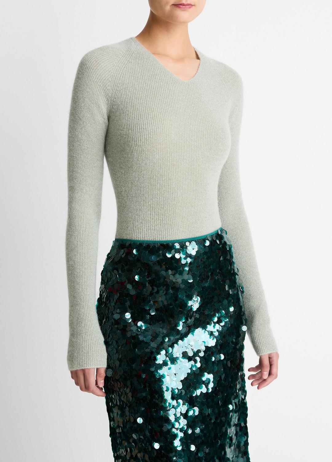 VINCE Women Metallic Ribbed High V-Neck Sweater in V-Neck