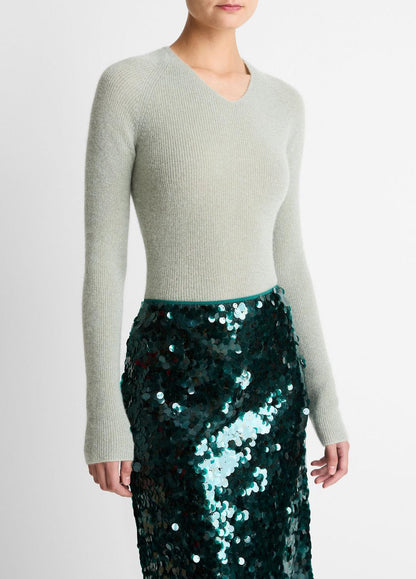 VINCE Women Metallic Ribbed High V-Neck Sweater in V-Neck