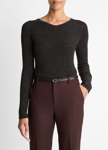 VINCE Women Metallic Ribbed High V-Neck Sweater in V-Neck