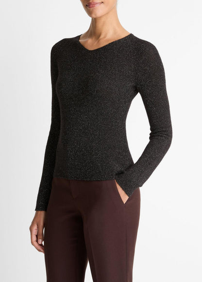 VINCE Women Metallic Ribbed High V-Neck Sweater in V-Neck