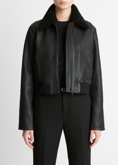 VINCE Women Shearling-Trim Shrunken Leather Jacket in Leather Jackets
