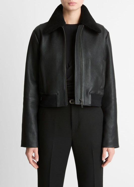 VINCE Women Shearling-Trim Shrunken Leather Jacket in Leather Jackets