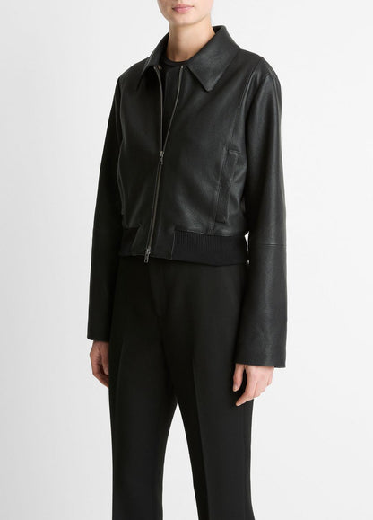 VINCE Women Shearling-Trim Shrunken Leather Jacket in Leather Jackets