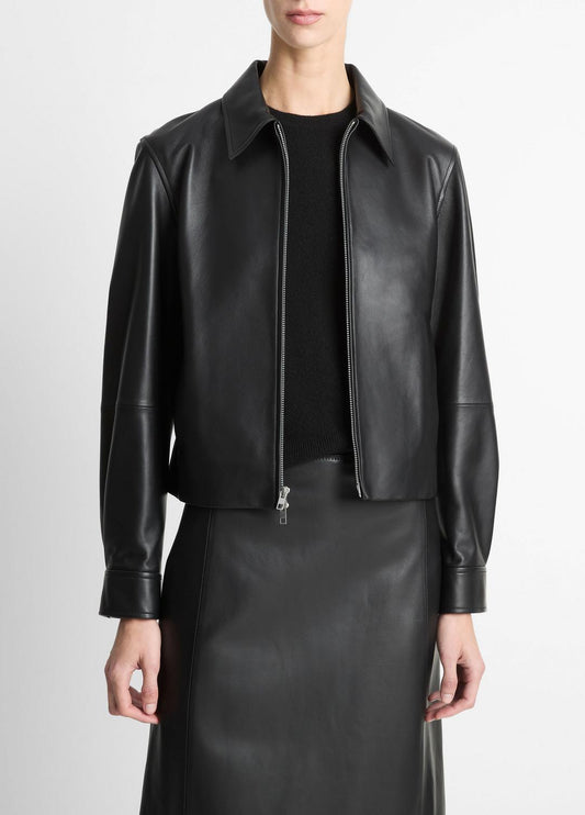 VINCE Women Leather Cropped Zip-Front Jacket in Jackets