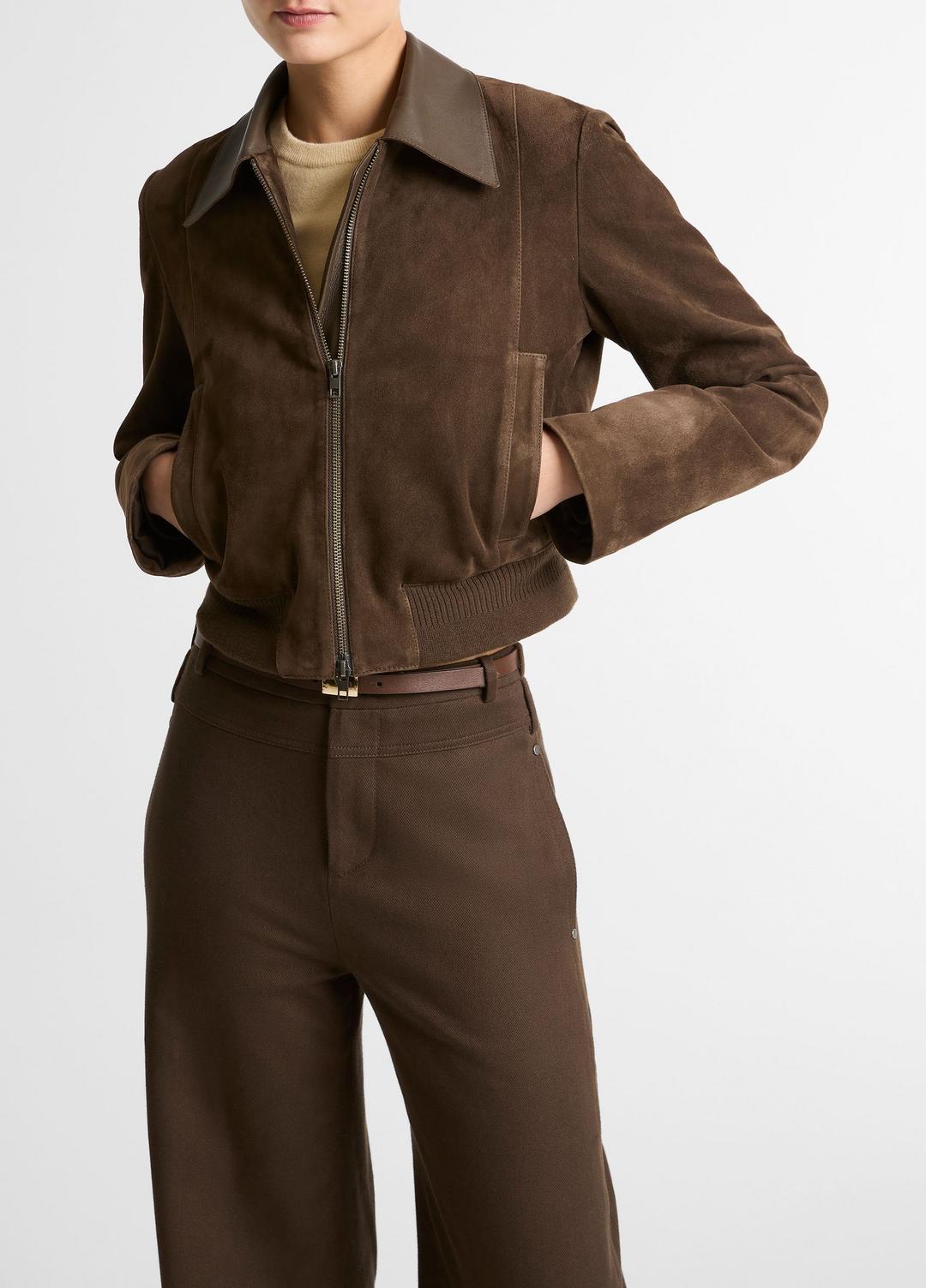 VINCE Women Suede Shrunken Bomber Jacket  in Jackets
