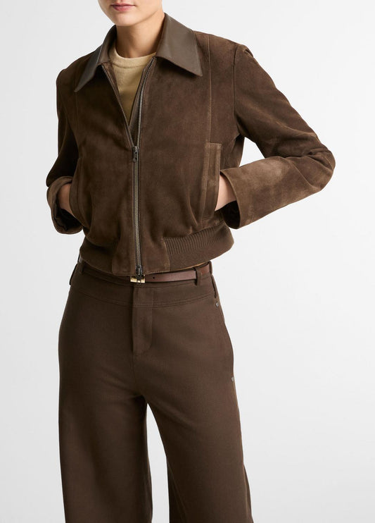 VINCE Women Suede Shrunken Bomber Jacket  in Jackets