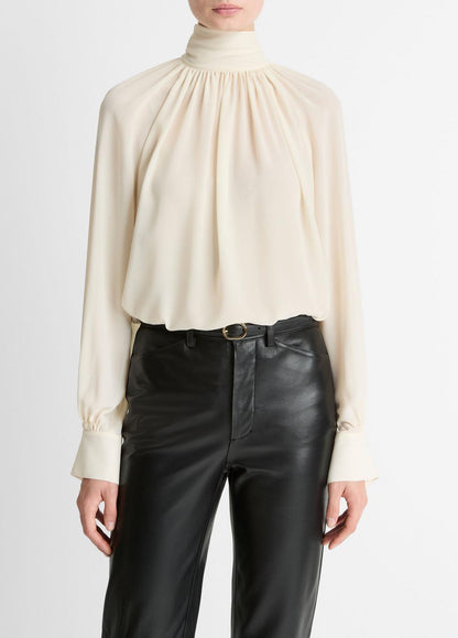 VINCE Women Gathered Draped-Neck Crepe Blouse in Long Sleeve
