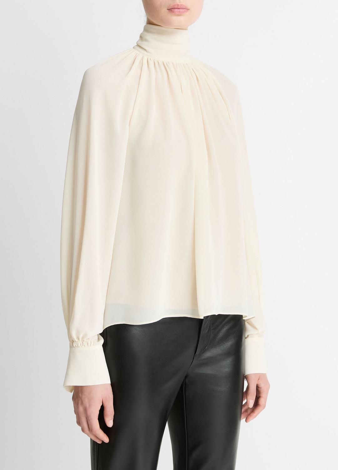 VINCE Women Gathered Draped-Neck Crepe Blouse in Long Sleeve