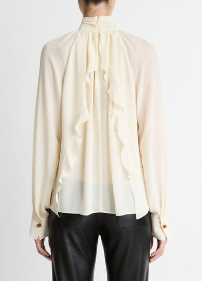 VINCE Women Gathered Draped-Neck Crepe Blouse in Long Sleeve