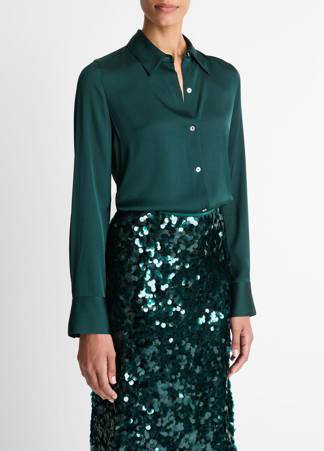 VINCE Women Silk-Blend Slim Button-Front Blouse in Long Sleeve