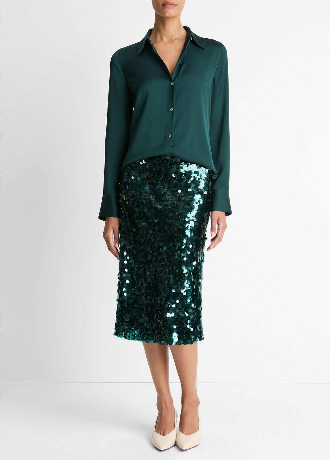 VINCE Women Silk-Blend Slim Button-Front Blouse in Long Sleeve