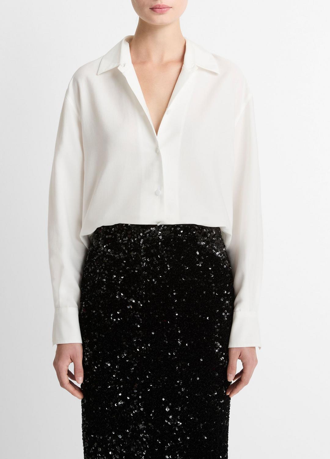 VINCE Women Refined Twill Covered-Button Shirt in Long Sleeve