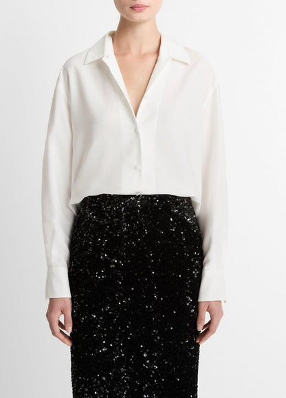 VINCE Women Refined Twill Covered-Button Shirt in Long Sleeve