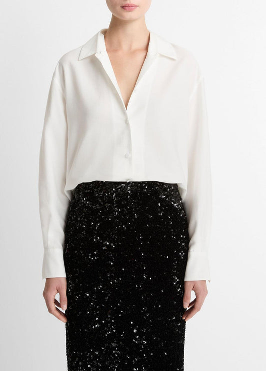 VINCE Women Refined Twill Covered-Button Shirt in Long Sleeve