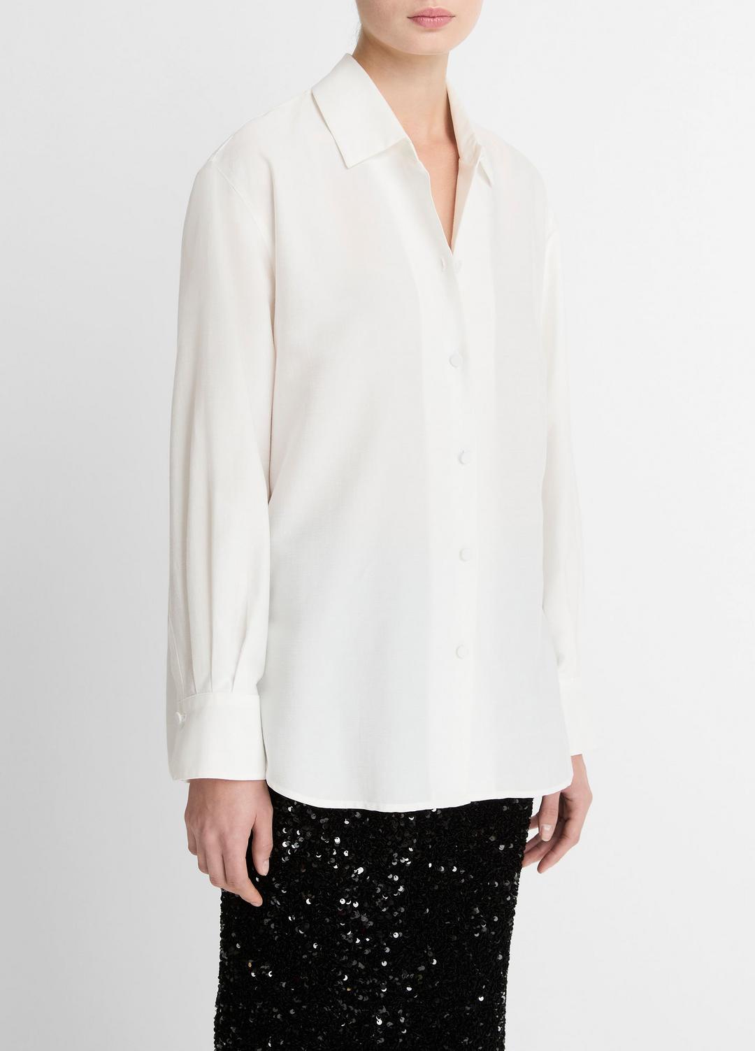 VINCE Women Refined Twill Covered-Button Shirt in Long Sleeve