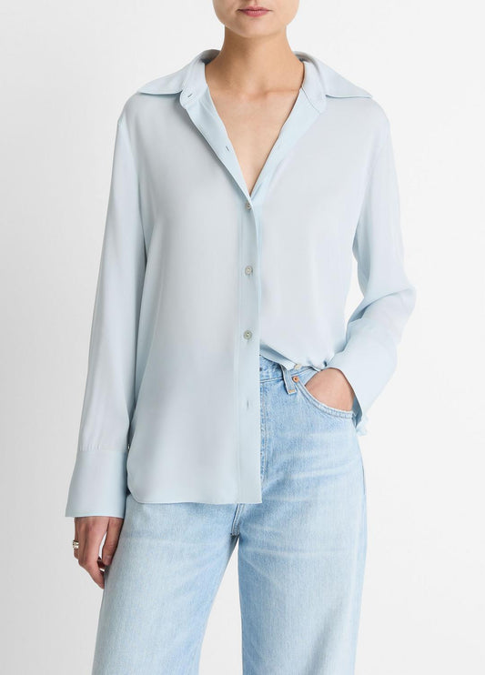 VINCE Women Stretch-Silk Button-Front Blouse in Long Sleeve