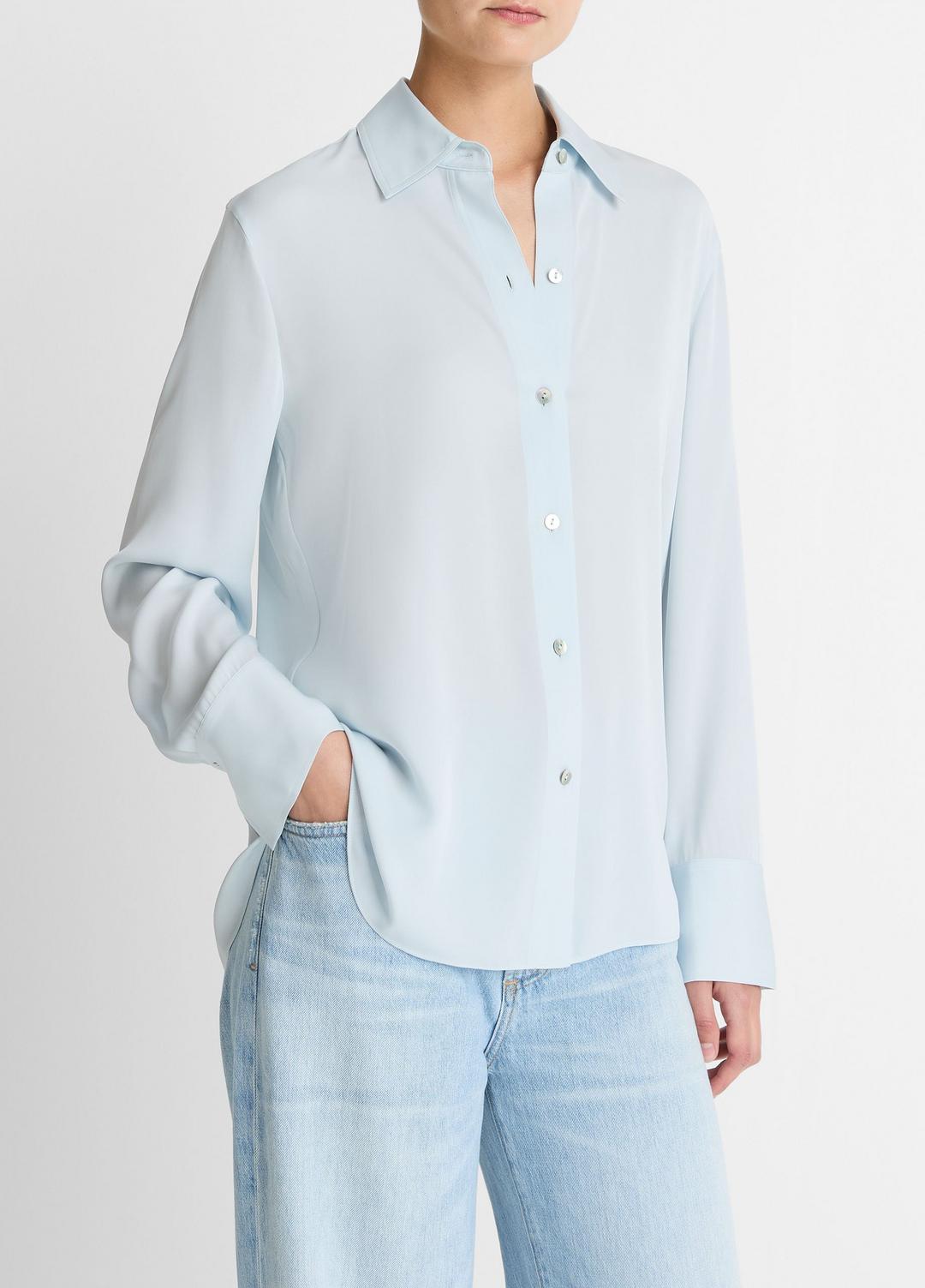 VINCE Women Stretch-Silk Button-Front Blouse in Long Sleeve