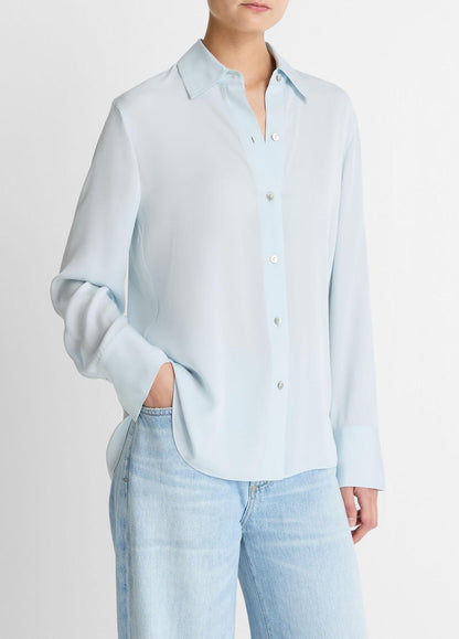 VINCE Women Stretch-Silk Button-Front Blouse in Long Sleeve
