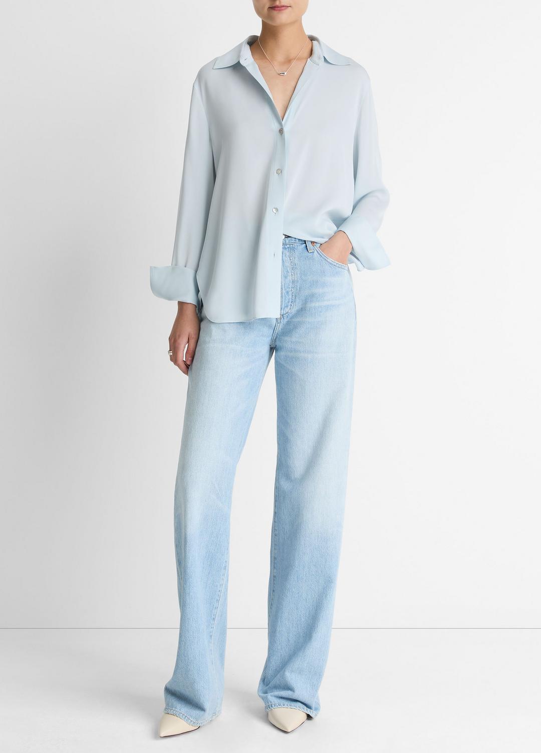 VINCE Women Stretch-Silk Button-Front Blouse in Long Sleeve