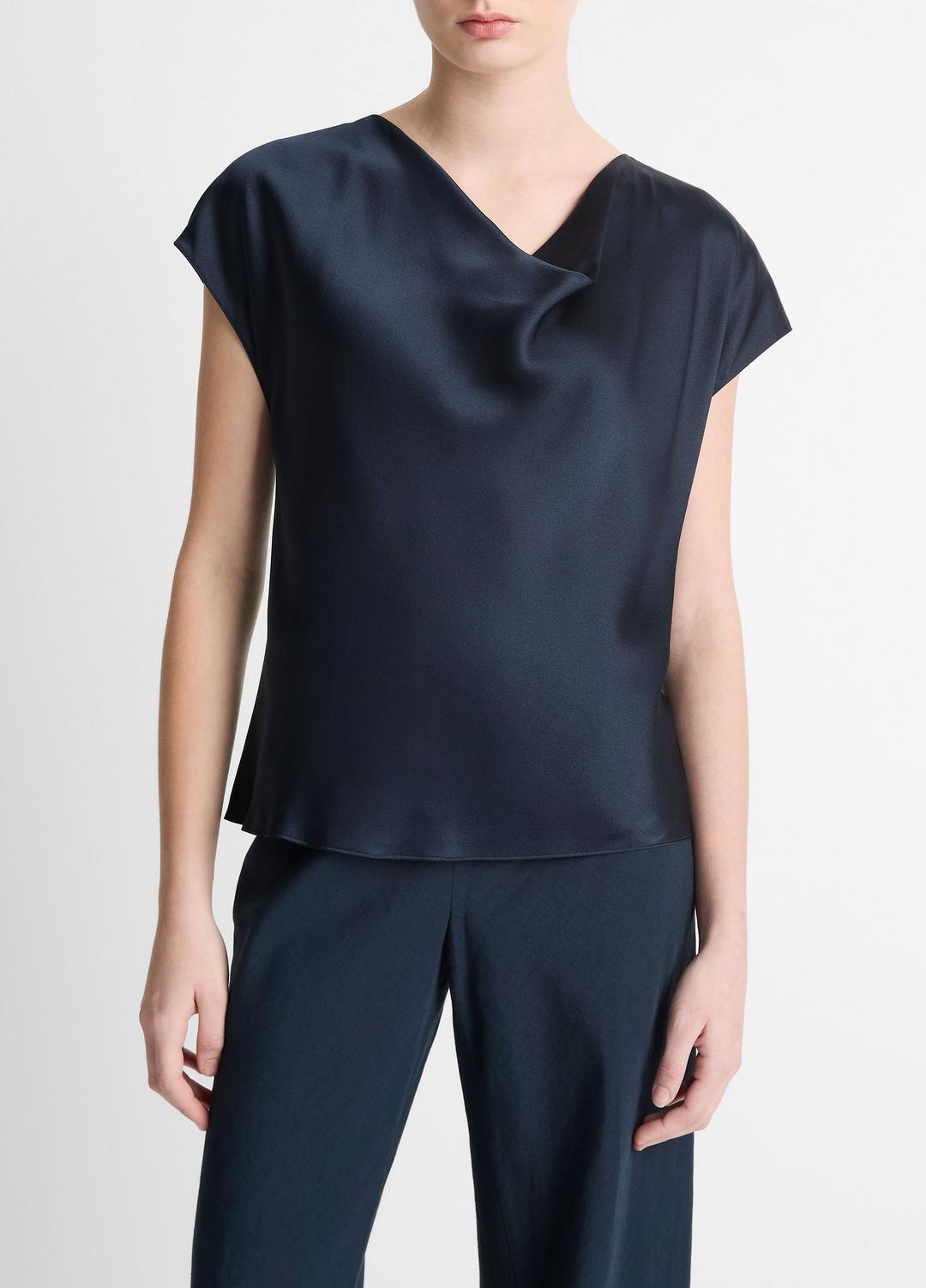 VINCE Women Silk Cowl-Neck Blouse in Short Sleeve