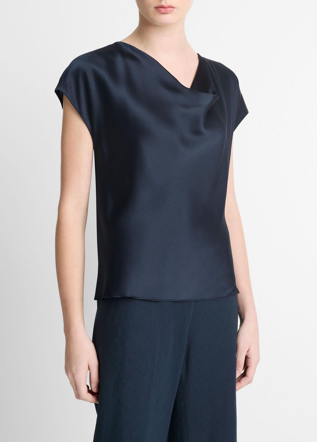 VINCE Women Silk Cowl-Neck Blouse in Short Sleeve