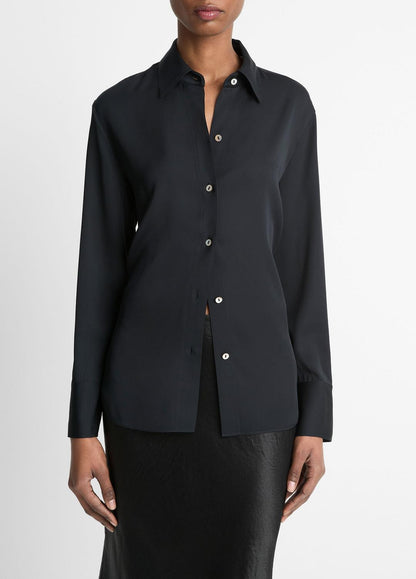 VINCE Women Stretch-Silk Button-Front Blouse in Long Sleeve