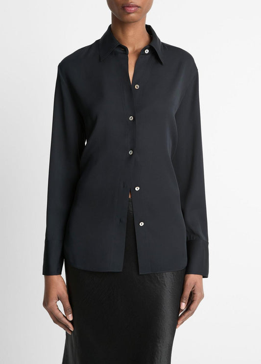 VINCE Women Stretch-Silk Button-Front Blouse in Long Sleeve