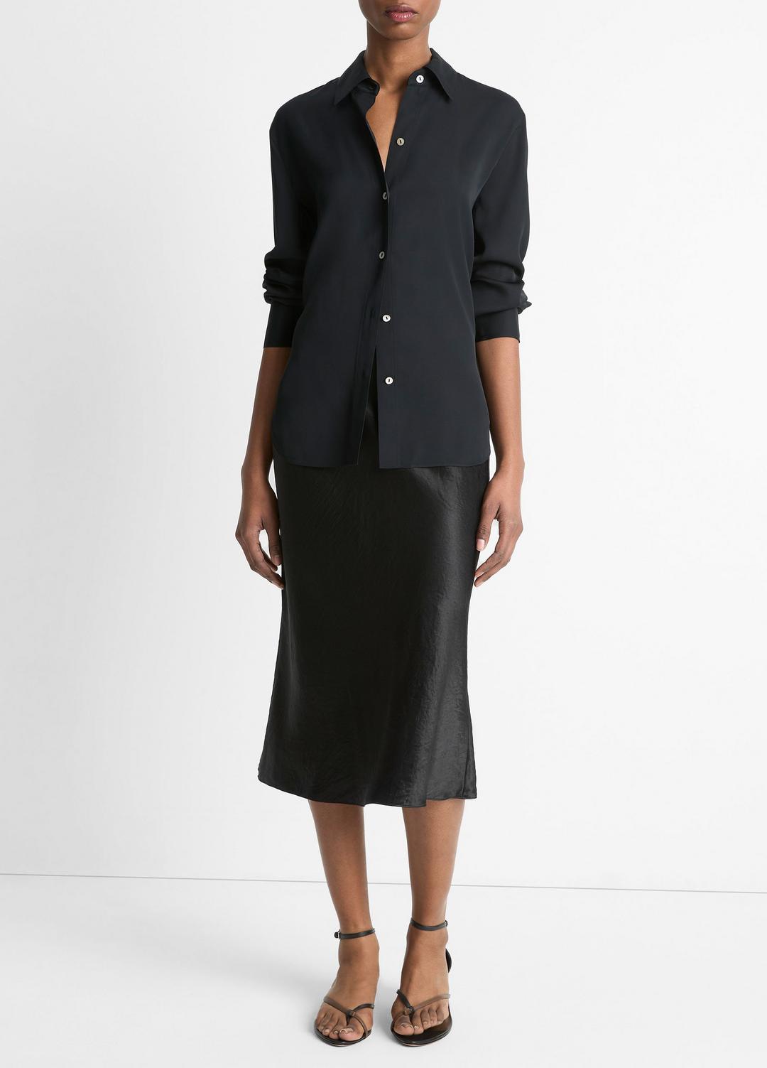 VINCE Women Stretch-Silk Button-Front Blouse in Long Sleeve