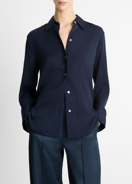 VINCE Women Stretch-Silk Button-Front Blouse in Long Sleeve