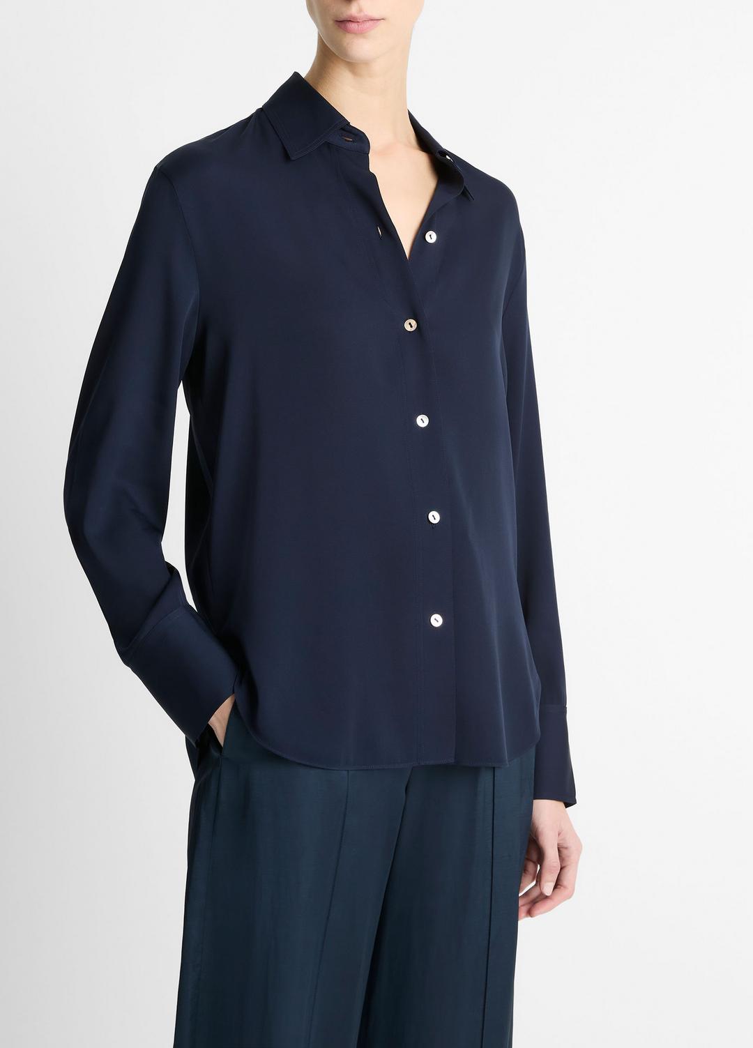 VINCE Women Stretch-Silk Button-Front Blouse in Long Sleeve