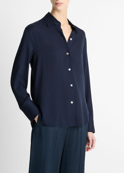 VINCE Women Stretch-Silk Button-Front Blouse in Long Sleeve