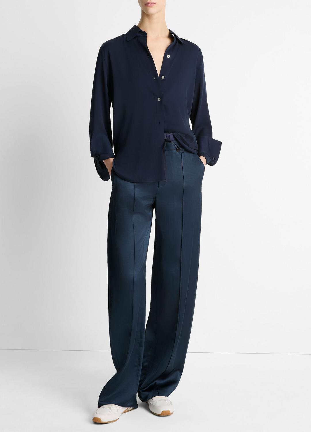 VINCE Women Stretch-Silk Button-Front Blouse in Long Sleeve