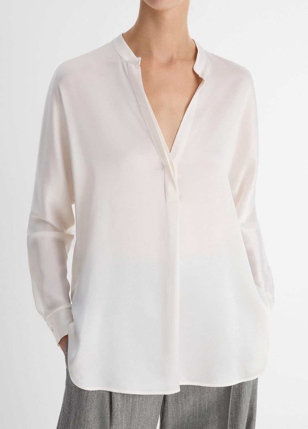 VINCE Women Silk Satin Band-Collar Blouse in Long Sleeve