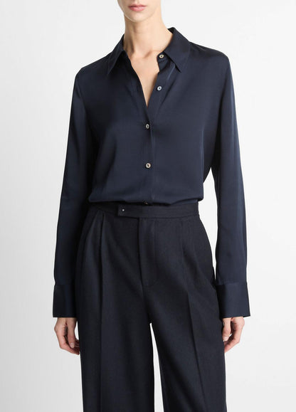 VINCE Women Silk-Blend Slim Button-Front Blouse in Long Sleeve