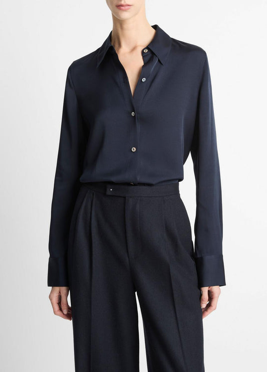 VINCE Women Silk-Blend Slim Button-Front Blouse in Long Sleeve