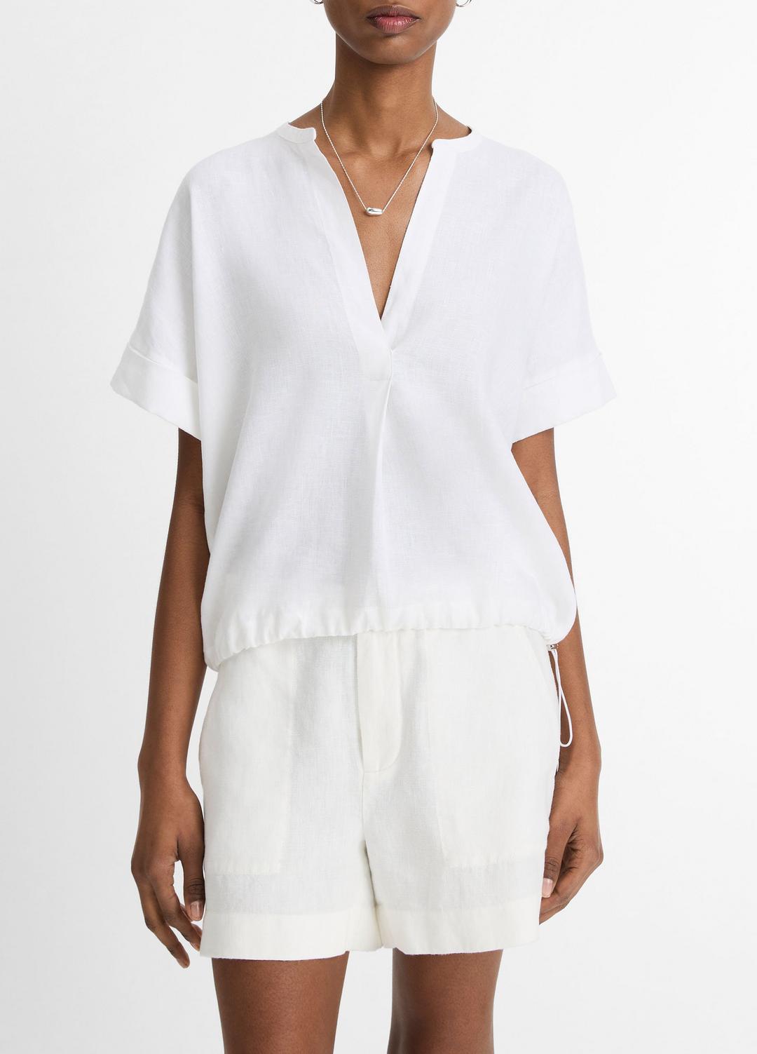 VINCE Women Linen Drawcord-Hem Blouse in Short Sleeve