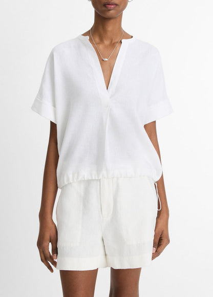 VINCE Women Linen Drawcord-Hem Blouse in Short Sleeve