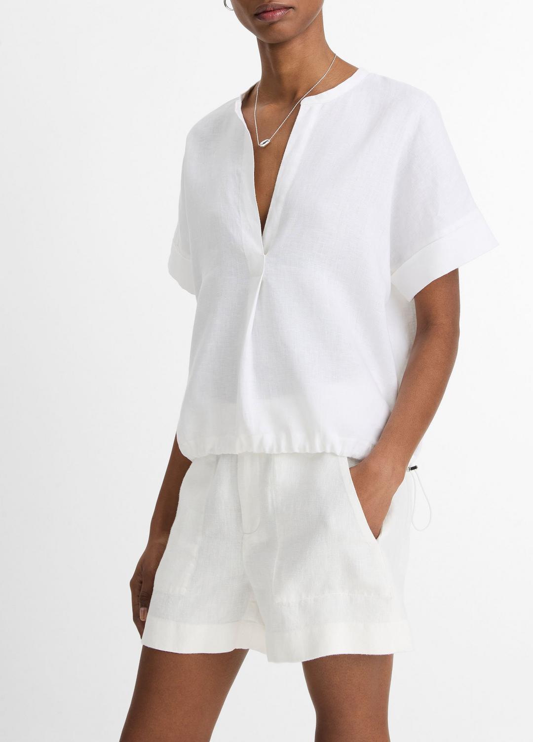 VINCE Women Linen Drawcord-Hem Blouse in Short Sleeve