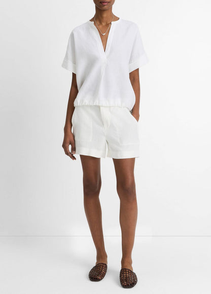 VINCE Women Linen Drawcord-Hem Blouse in Short Sleeve