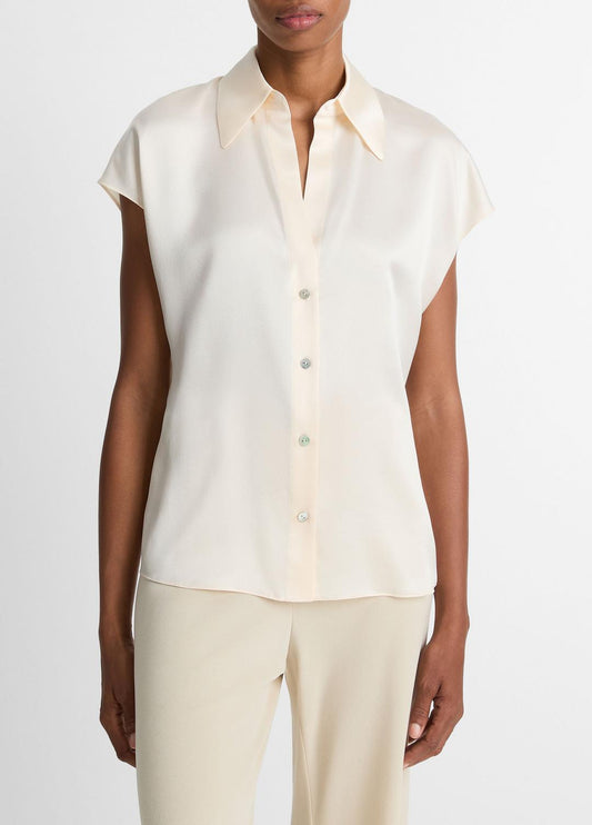 VINCE Women Silk Cap-Sleeve Ruched-Back Blouse in Short Sleeve