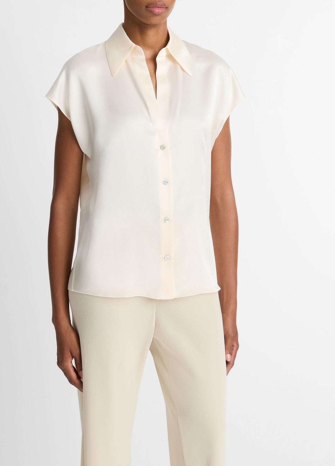 VINCE Women Silk Cap-Sleeve Ruched-Back Blouse in Short Sleeve