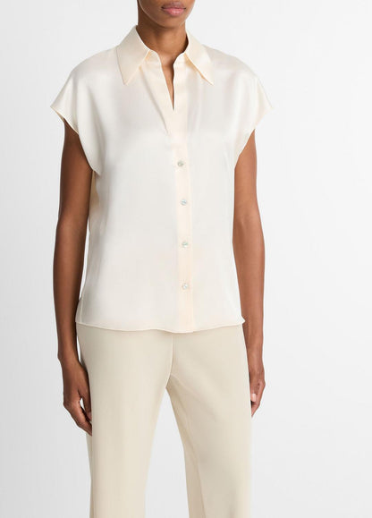 VINCE Women Silk Cap-Sleeve Ruched-Back Blouse in Short Sleeve