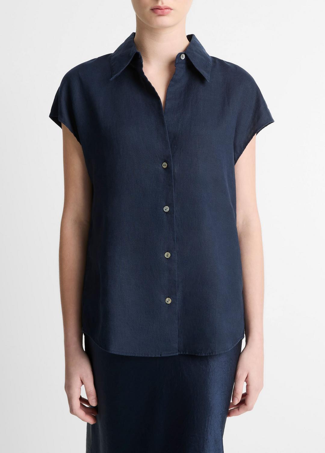 VINCE Women Linen Cap-Sleeve Button-Front Blouse in Short Sleeve
