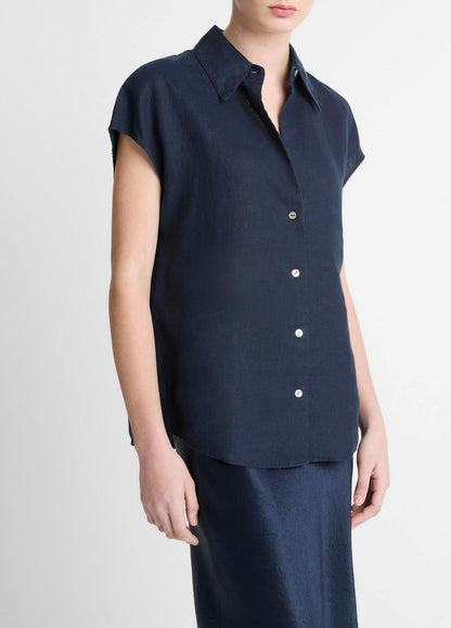VINCE Women Linen Cap-Sleeve Button-Front Blouse in Short Sleeve