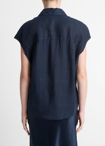 VINCE Women Linen Cap-Sleeve Button-Front Blouse in Short Sleeve