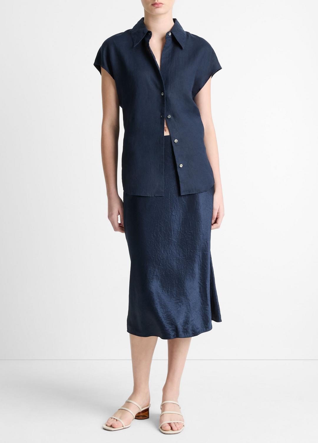 VINCE Women Linen Cap-Sleeve Button-Front Blouse in Short Sleeve