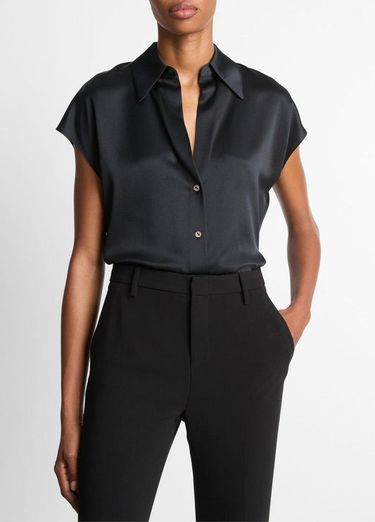 VINCE Women Silk Cap-Sleeve Ruched-Back Blouse in Short Sleeve